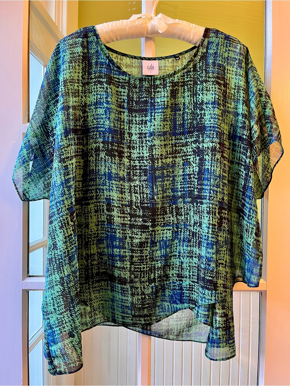 CAbi Tank & Tee Set, Sheer Green & Blue Abstract Asymmetrical 2-Tier Blouse